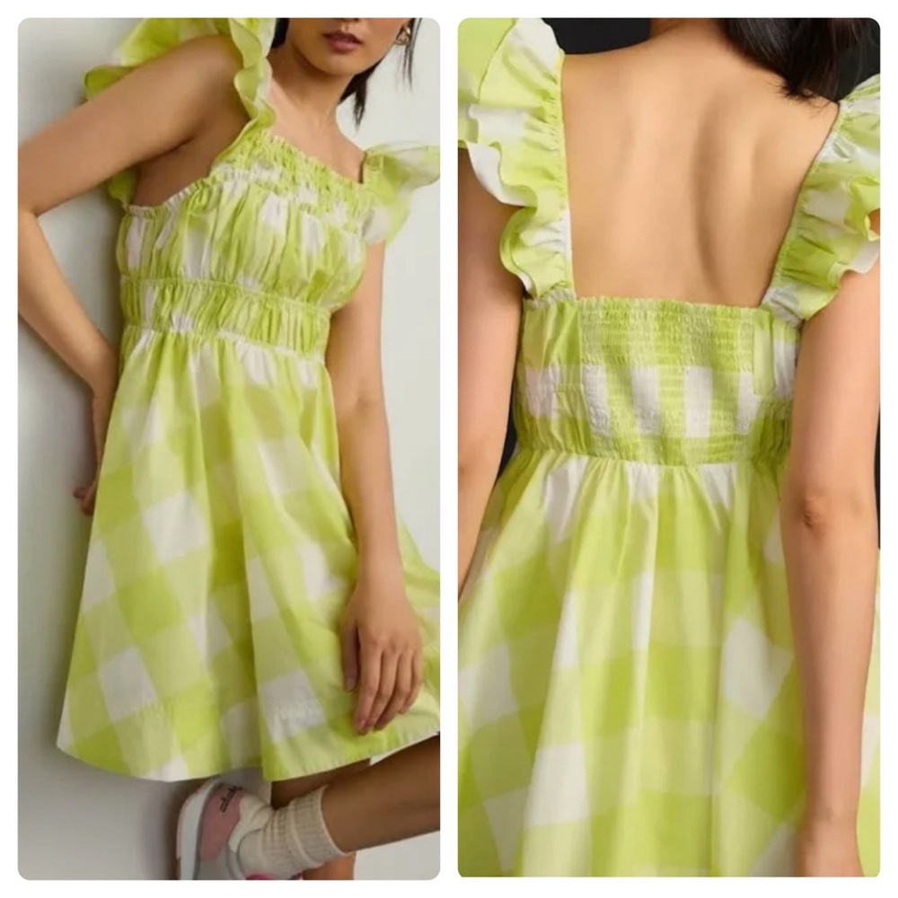 Anthropologie Maeve Shirred Square Neck Ruffled Mini Dress Size Med Chartreuse
